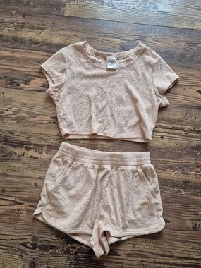 Aerie Offline Summer Lights Terry Smiley Crop Top & Shorts Set Small